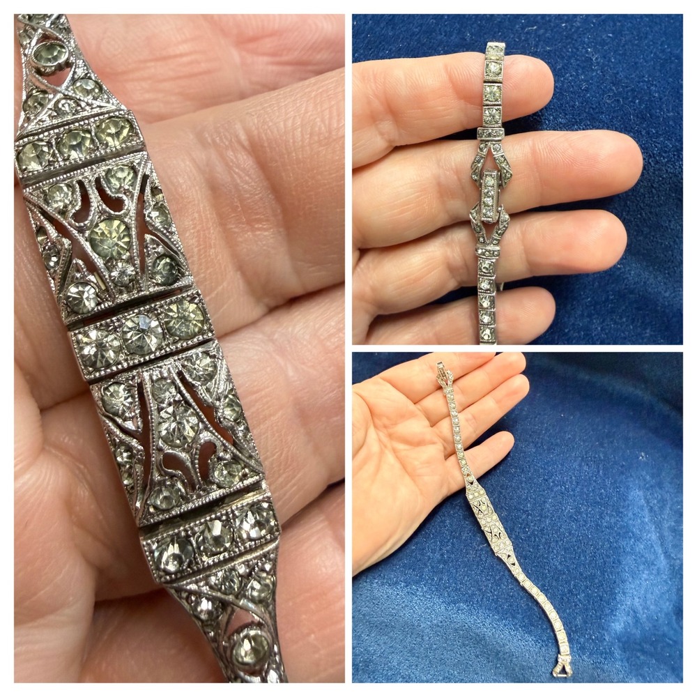 VTG 30s Otis Art Deco Sterling Silver Diamanté Filigree Link Bracelet